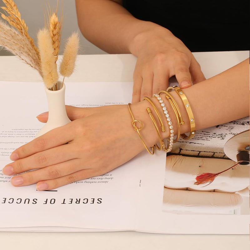 FAFUGA 18 K Gold Plated Love Bangle Bracelet Stack Cuff Jewelry for Women Jewelry Set for Women Gift with Box - Image 2